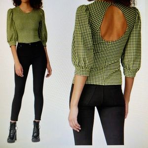 Amanda Uprichard Jilly top blouse puff sleeve open back lime green gingham  M